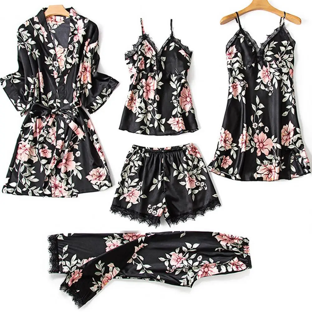 5 Pcs/Set Women Pajamas Set Soft Fabric Breathable Colorful Flower Print Women Sleepwear Set Sleeping Clothes