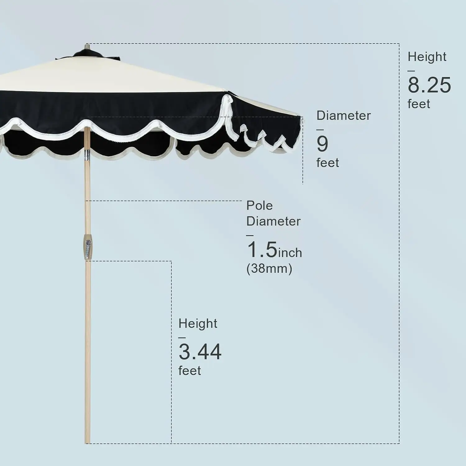 9 FT Scalloped Fringe Market Patio Umbrella, Water‑Resistant & Fade‑Resistant Canopy with Button Tilt, 1.5 Inch Wood Pole, Outdoor Shade Shelter for Patio, Deck and Backyard, Black‑Beige Spliced