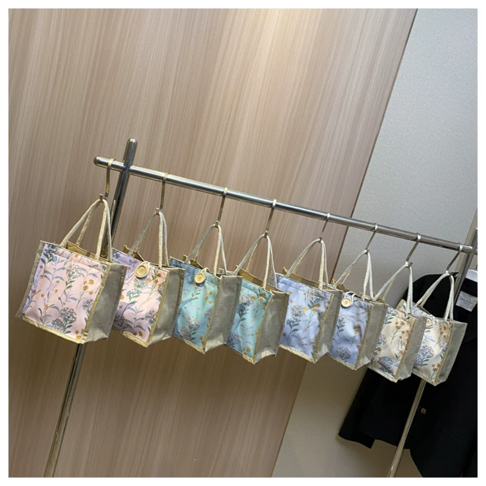 Linen Button Zipper Handbag Women Large Capacity Cute Print Tote Bag Grocery Storage Bag Fashion Portable Shopping Bag Lunch Bag