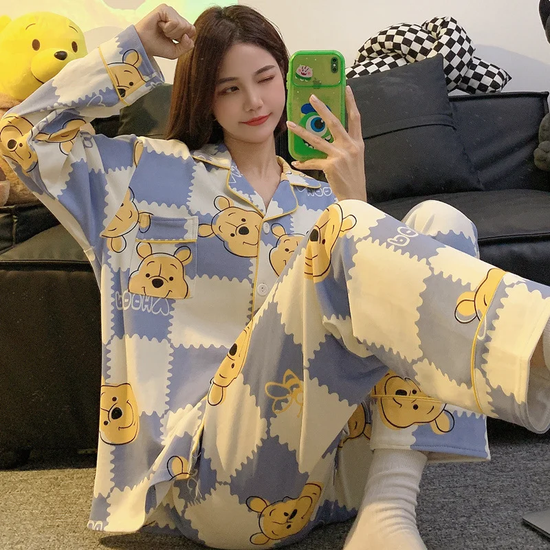 Disney Winnie the Pooh autumn new pajamas female cartoon cute cotton lapel cardigan long-sleeved sweet loungewear set