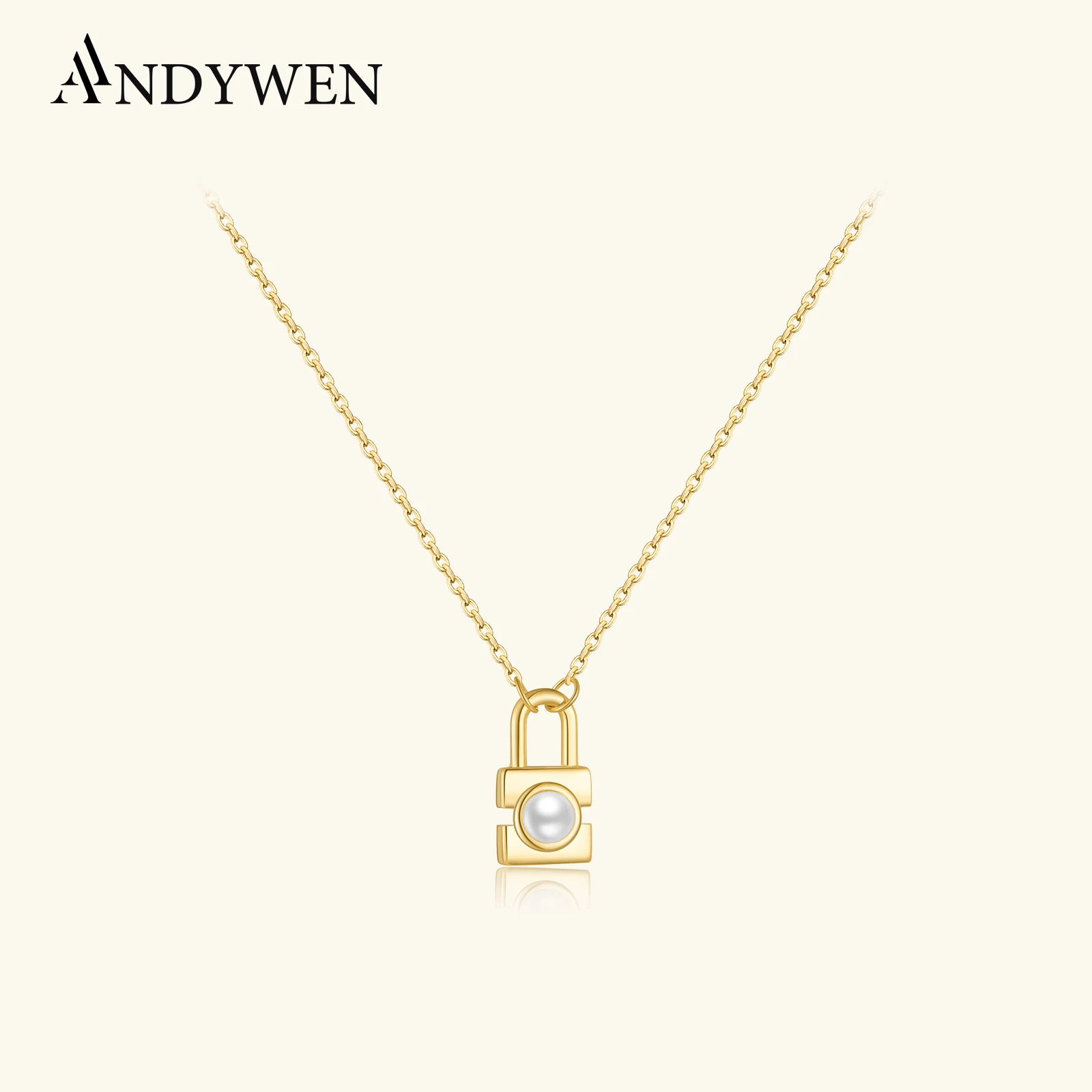 ANDYWEN 925 Sterling Silver Lock Shape Charm Pearl Long Chain Necklace 2025 New Fashion Women Birthday Gift Fine Jewelry