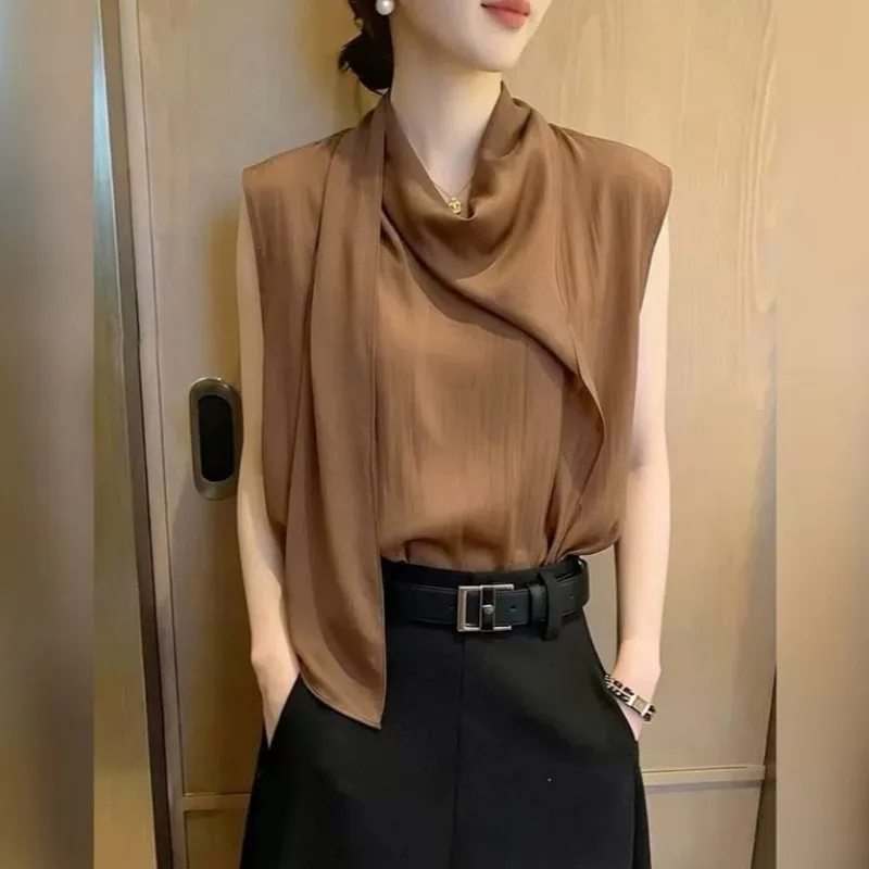 Women Korean Commuter Draped Collar Sleeveless Blouse Satin Elegant Casual Top