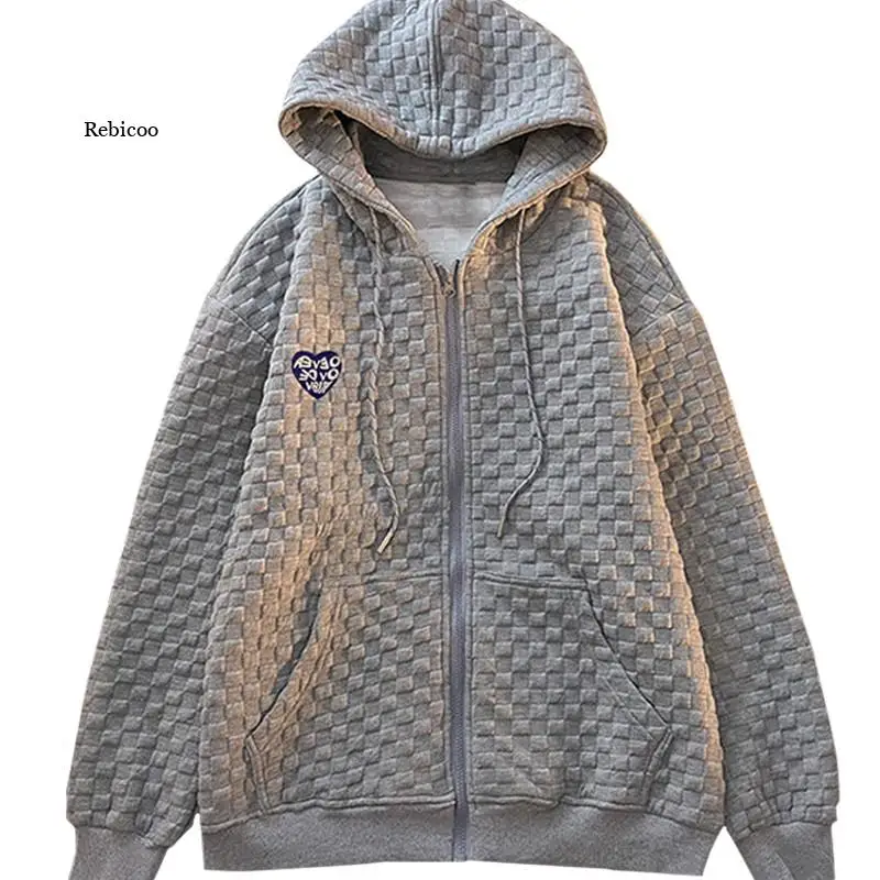 

2022 Korean Grey Loose Autumn Thin Zipper Women Hoodies Sweatshirt Waffle Checkered Harajuku Letters Female Clothes