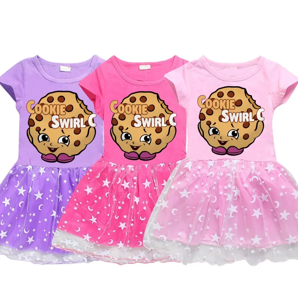 

Summer Cookie Swirl C Girls Short Sleeve Dresses New Kids Toddler Cotton Cartoon Wavelet Point for Baby Girl Clothes 1163