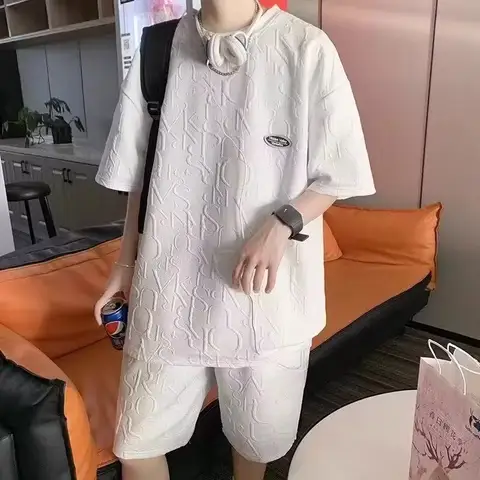 남자의 새로운 와플 TZ20 3D 여름 정장 2025 캐주얼 티셔츠 + 반바지 정장 남자 Tracksuit 솔리드 컬러 tracksuit 느슨한 양복