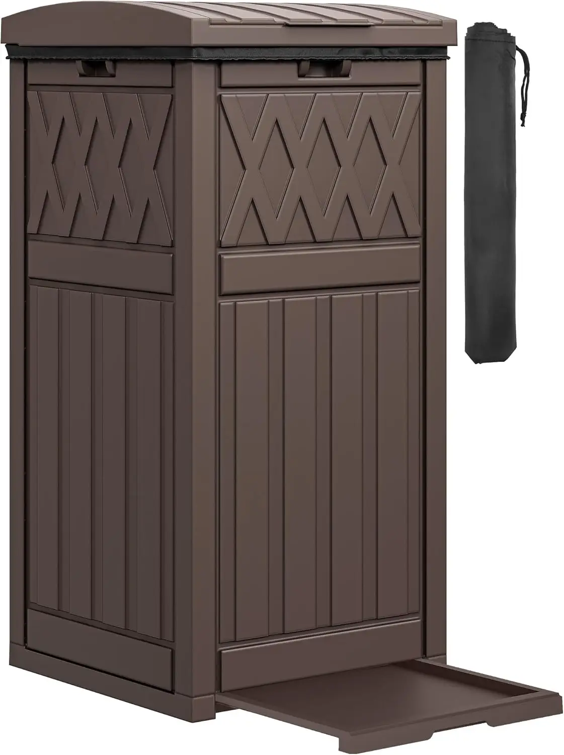 

36-Gallon Outdoor Trash Can with Fabric Bag, Tiered Lid & Drip Tray, Waterproof Resin Garbage Bin for Patio, Deck, and Backyard, Dark Brown
