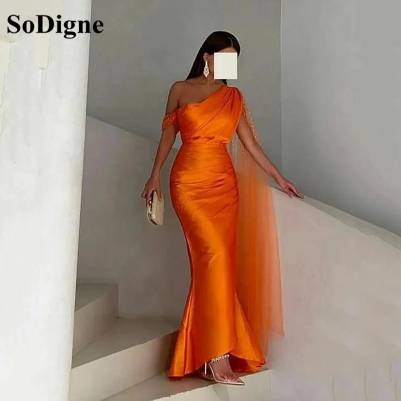 SoDigne Orange Evening Dresses Mermaid One Shoulder Saudi Arabia Formal Dress With Tulle Warp Women Prom Party Gowns 2023