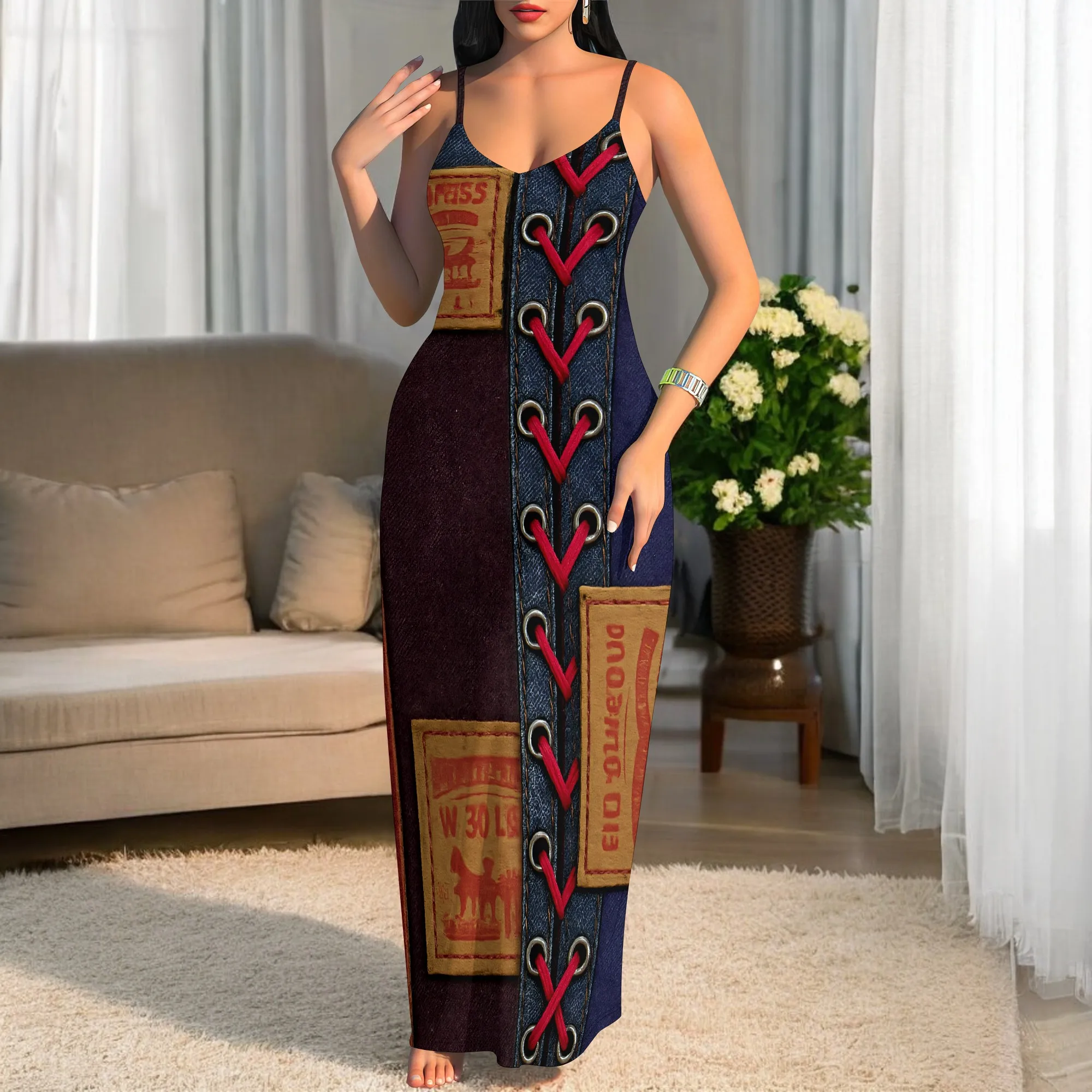 

Women's Green Solid V-Neck Pocket Plus-Size Dress Polyester A-Line Maxi Vacation Fall Chic