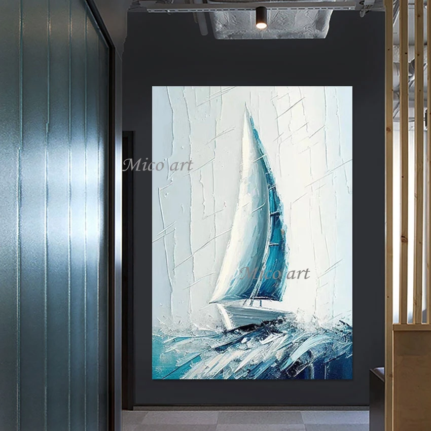 

Абстрактная текстурированная парусная лодка, морской пейзаж, ручной рисунок, модные настенные картины, без рамки, картина большого размера на холсте
