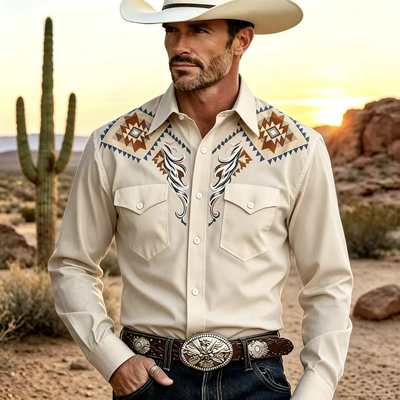 2027 New Men's Long Sleeved Shirt  3D Printed Shirt  Western Denim Style  Double Pockets  Plus Size  Outdoor Casual Top