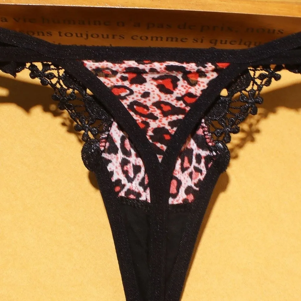Patchwork Low Waist Leopard-print Underwear Lingerie Ice Silk Lady's Thong Hollowed-out Seamless Lace Triangle Panties Female