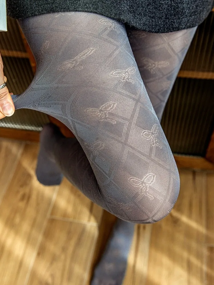 Grey Vintage Bow Check Women's Velvet Tights Black Patterned Sexy Pantyhose Hollow Out Anti-Scratch Stockings 2026 NEW