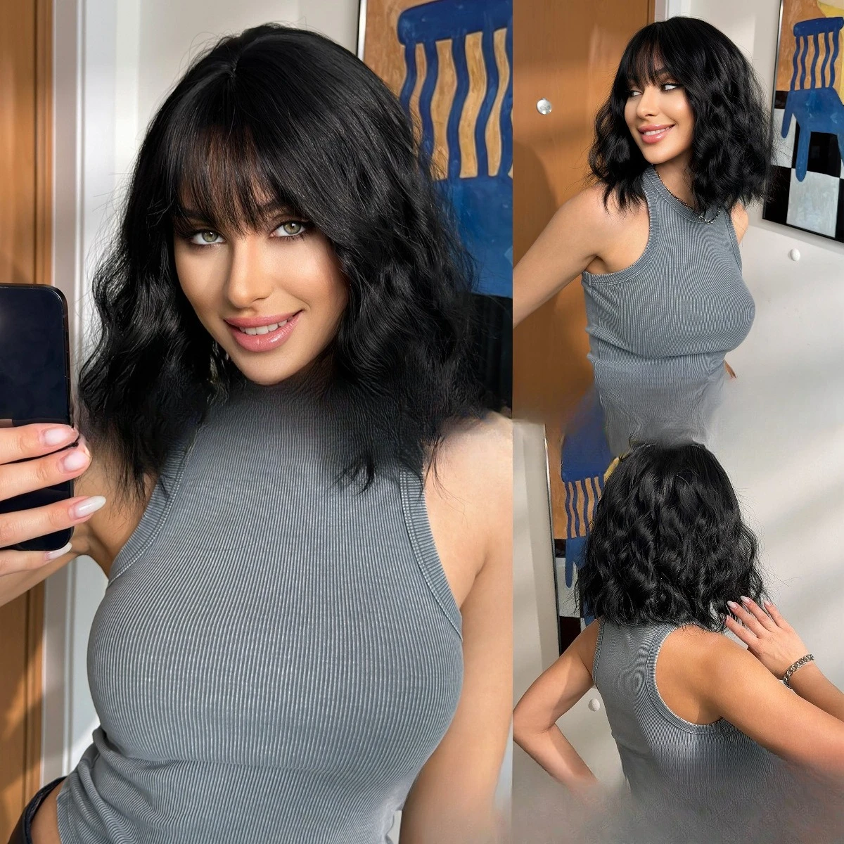 

Cross-border hot wig black brown Qi bangs bobo short curly hair full headgear