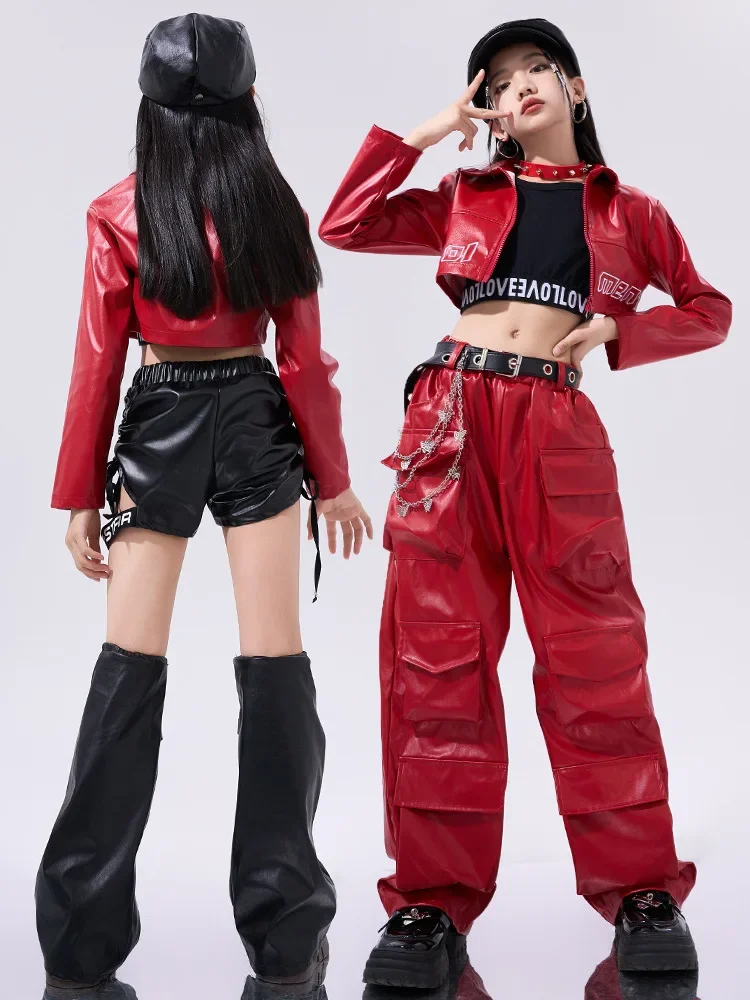 Girls Hip Hop Street Clothing Red Leather Tops Pants for Kids Streetwear Costume Jazz Dance Clothes