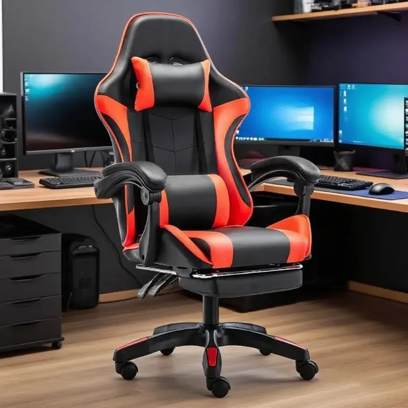 كرسي ألعاب مع دعم قطني ناعم ومسند قدم بارتفاع قابل للتعديل، كرسي ألعاب كمبيوتر مريح.