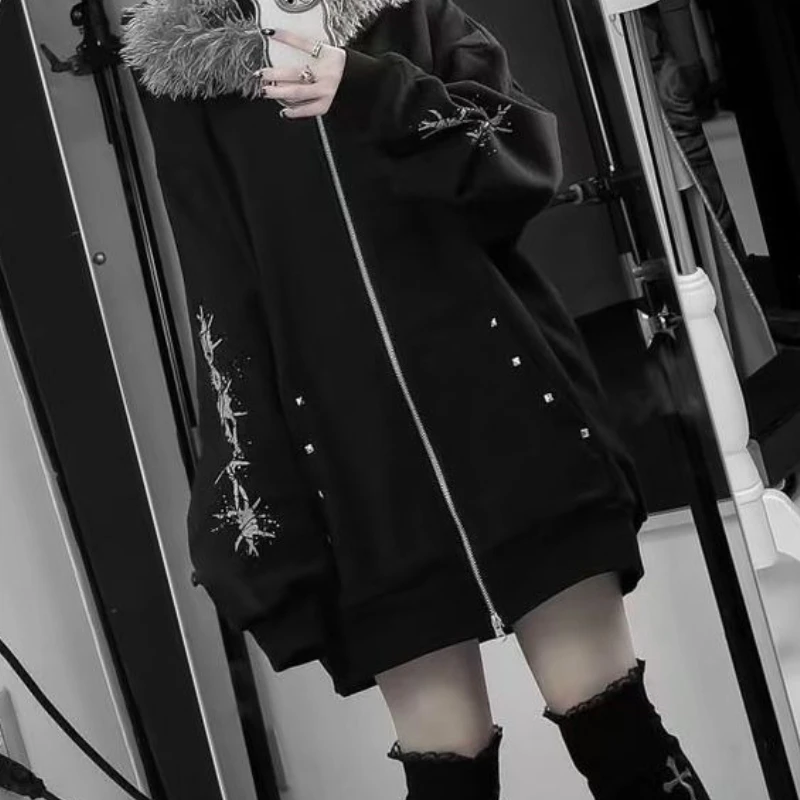 Japan Dark Gothic Fur Patchwork Hooded Coat Y2k Aesthetic Women Print Oversized Hoodies Csual Grunge Double Zippers Sweatshirts
