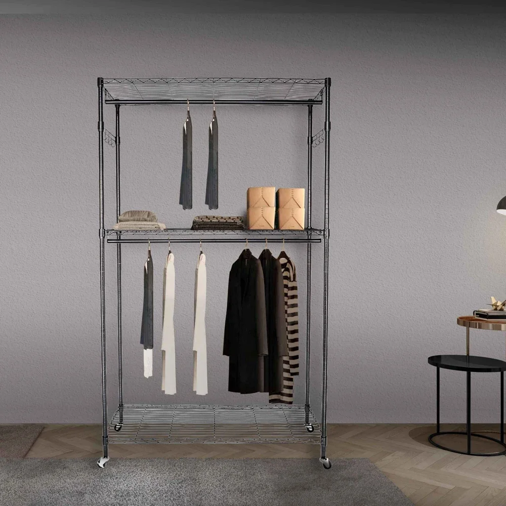 

2Tier Rod Closet Organizer ,Garment Rack,durable Clothes Storage Hanger Shelf with Hooks,Large storage capacity shelf, Black