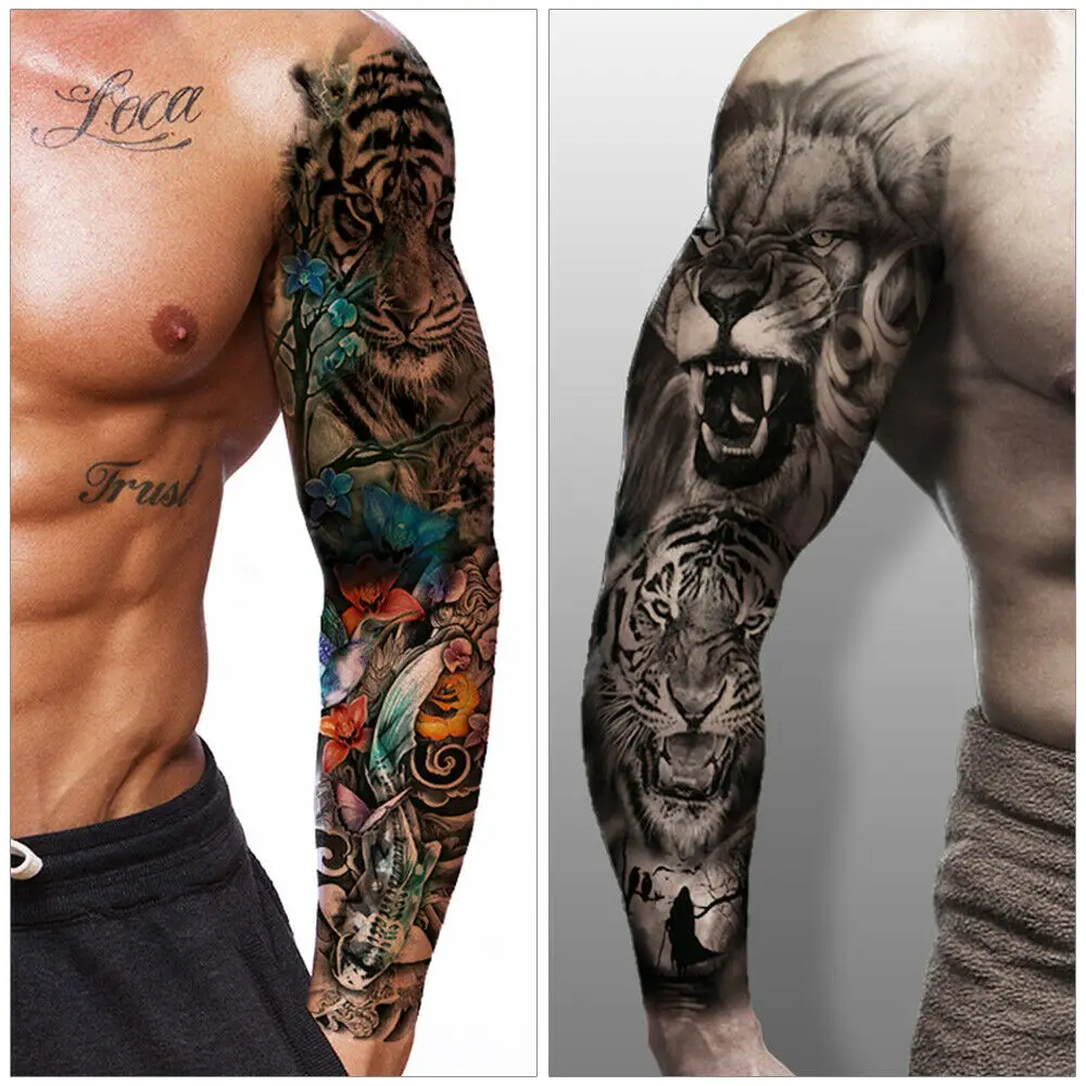 Tatuaje temporal impermeable de brazo completo para hombre y mujer, pegatina de Tigre, León, Ojo de Lobo, arte corporal, manga, Flash, tatuaje de hombro falso