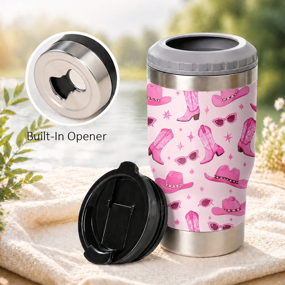 Cowgirl Hat Boot Print 4-in-1 Insulated Can Cooler Cup For Beer Soda Coffee, Stainless Steel Hot Cold Drink Holder Mug