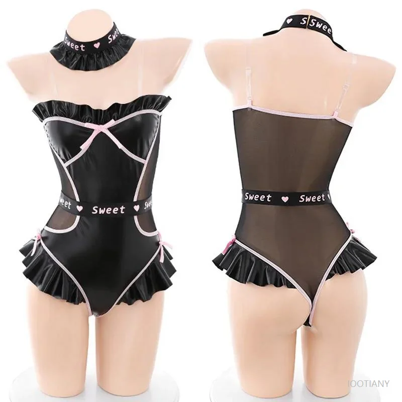 

Anime Sexy Uniform Car Model Cheerleading Adult Female Role Play Patent Leather Sweet Hollow Neck Ring Open Crotch Tights Cloth