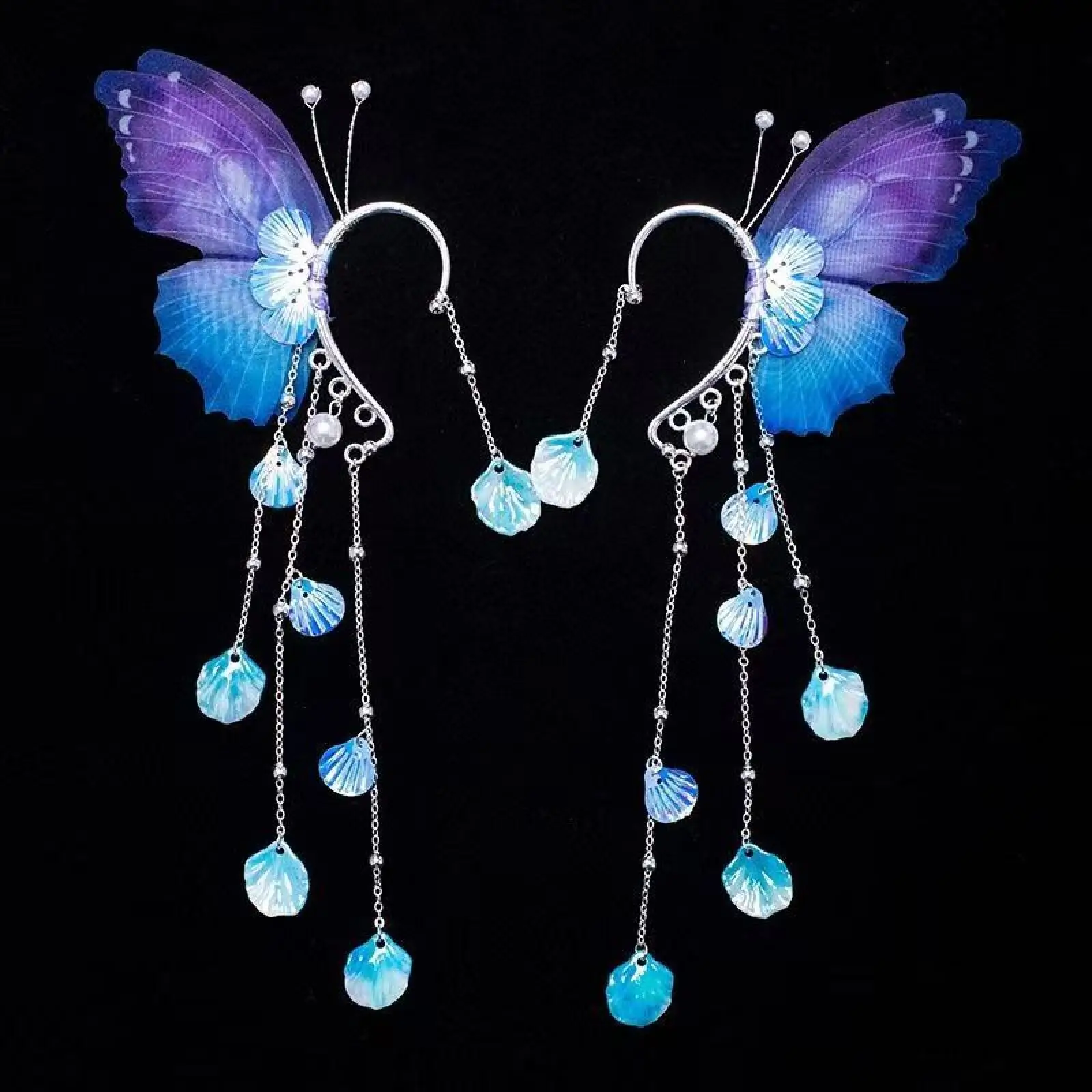 Women Elf Ear Wrap Butterfly Wing Shell Pendant Tassel Ear Cuffs Halloween Masquerade Fairy Costume Accessory