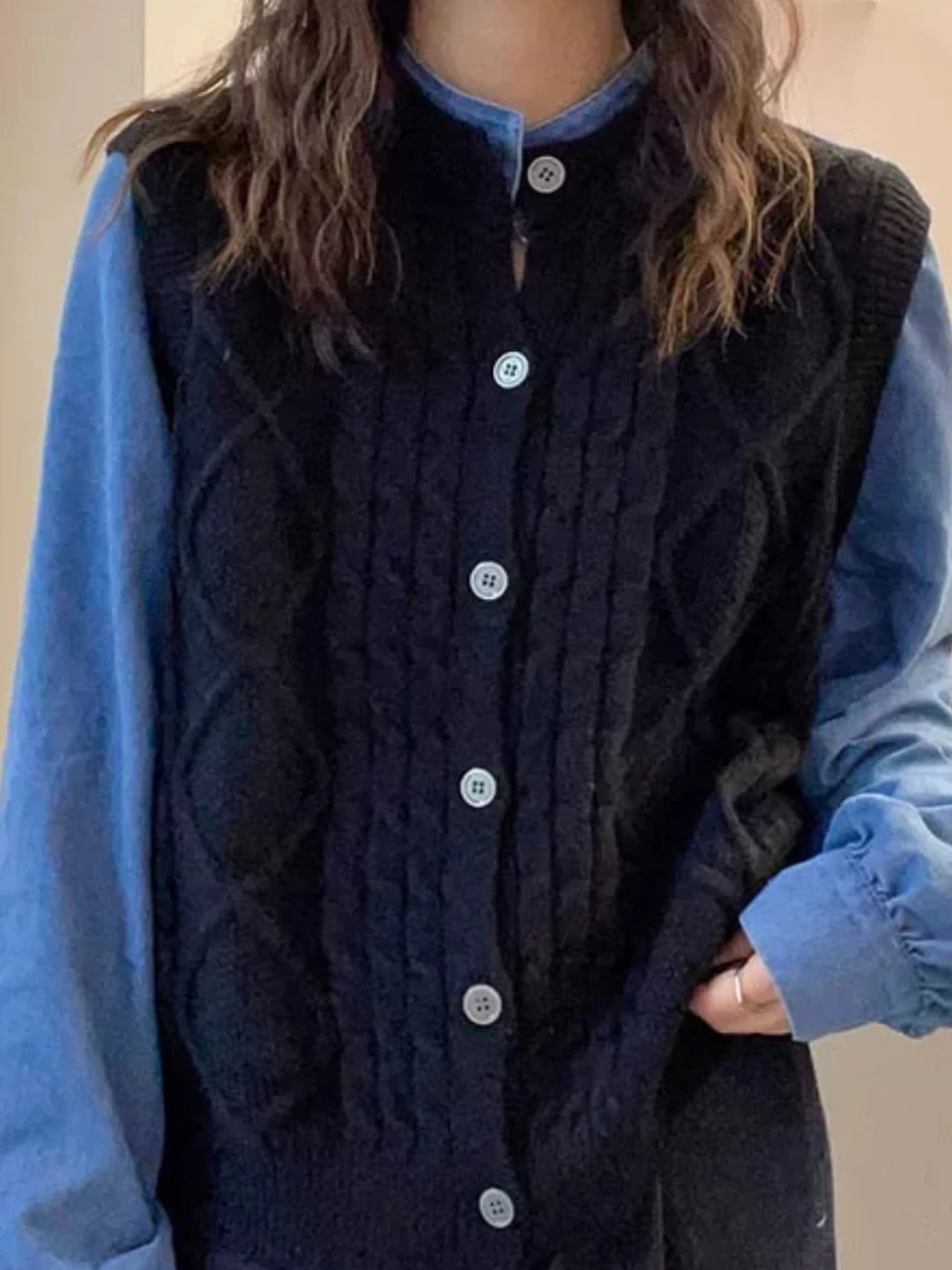 Color Block Knit Sweater Women's Loose Long Sleeve Casual Style Autumn Fashion Design Fake Two-Piece Open Cardigan Top