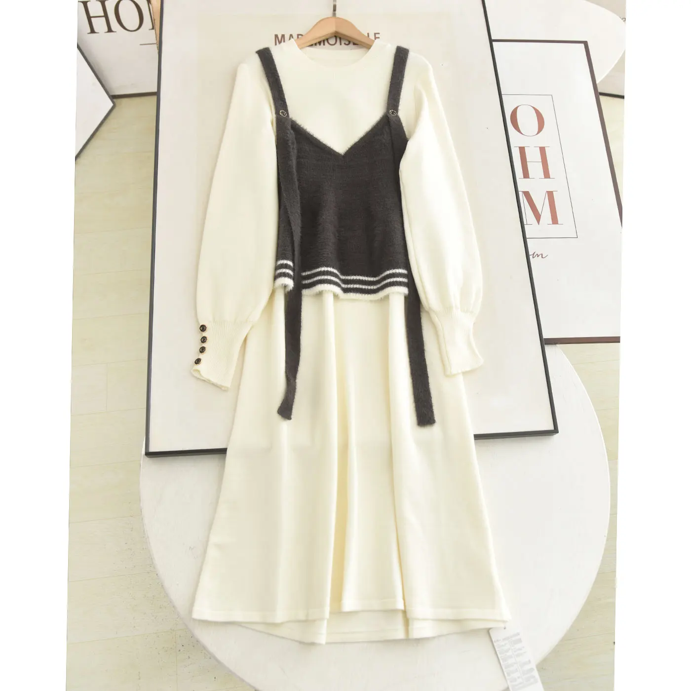 

ay Knitted Long Sve Vest And Dr Two-Piece Set Autumn Faion Women's Clothing French Sle Long Length Simple Design