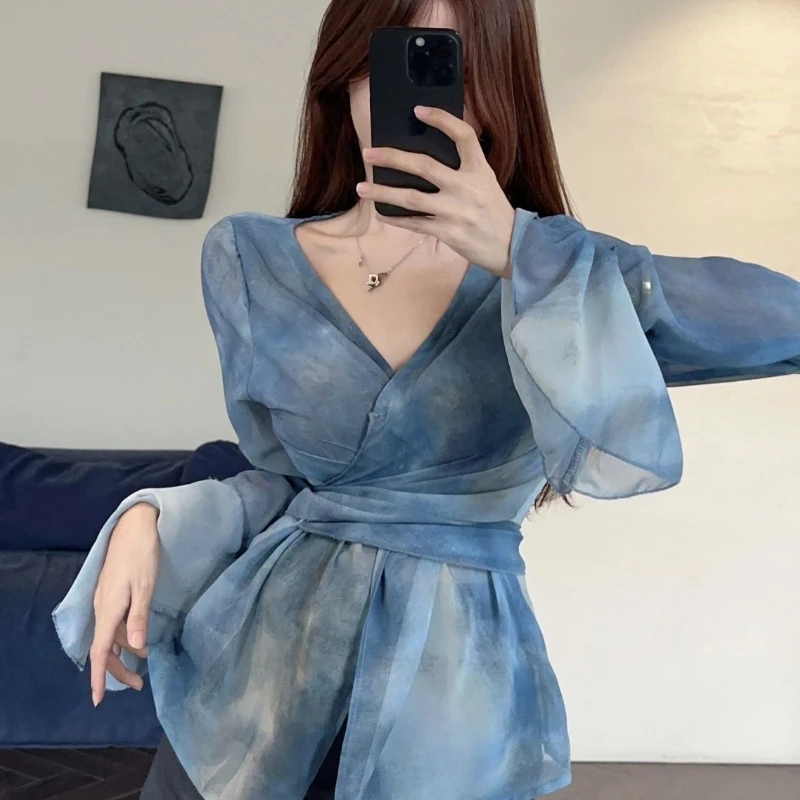 Blue Chiffon Blouses Women Bandage Defined Waist Vintage Tie Dye Autumn Stylish Elegant for Ladies Long Sleeve Aesthetic Clothes