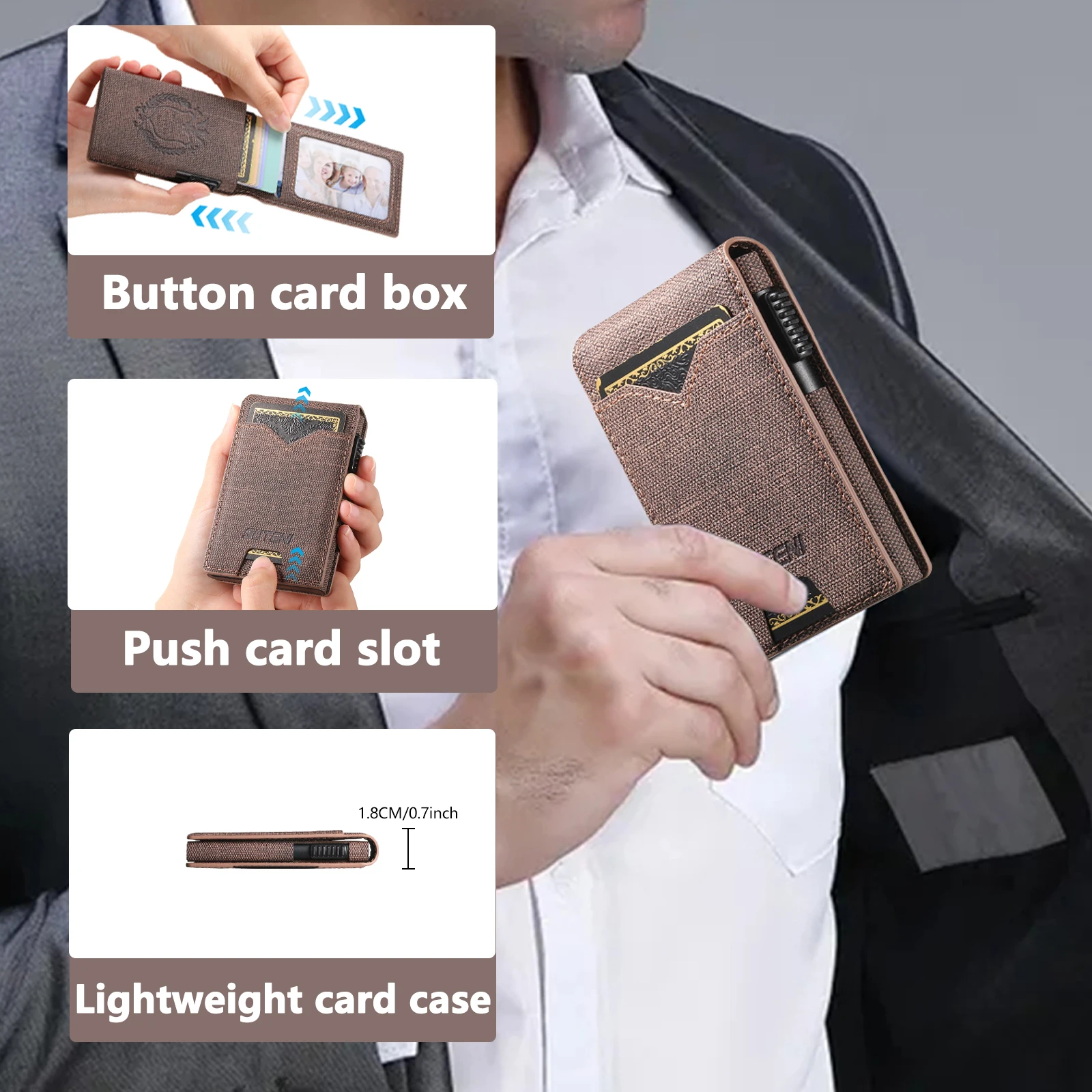 SUTENI Kunstleder für Herren, Geldbörse, Kartensteckplatz, Geldbörse, Flip-Cover, Kartenbox, drückt den Knopf automatisch die Karte aus – Detail 2