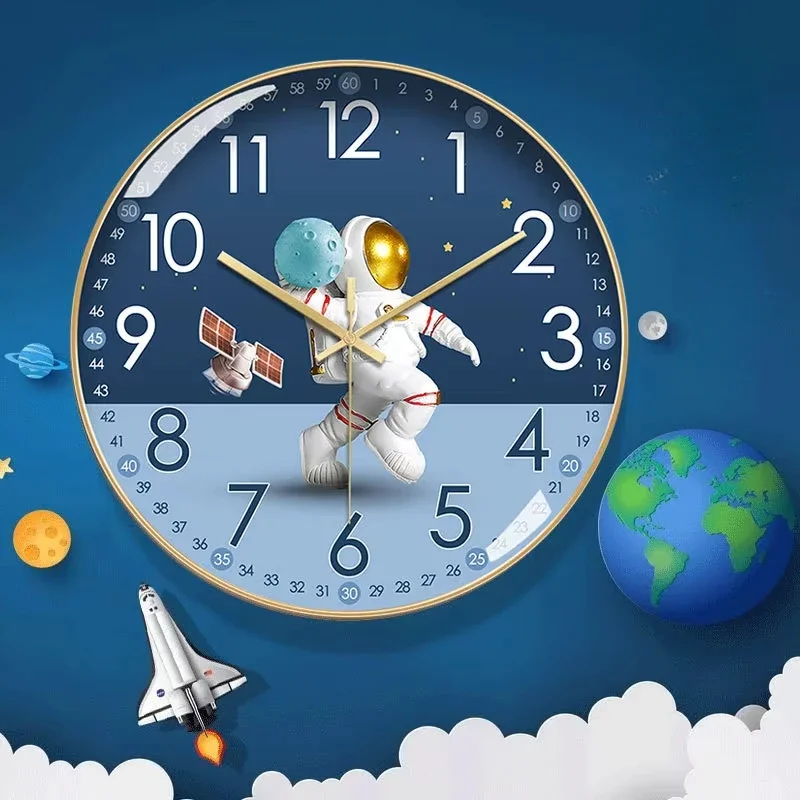 2025 New 12 Inch Children Room Wall Clock Cute Cartoon Silent Astronaut Aerospace Household Quartz Clock Home Decor Clocks Wall