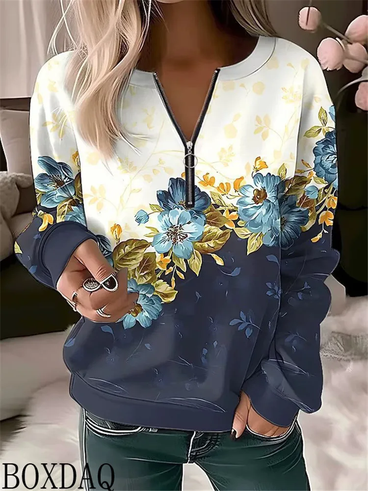 Women's Casual Sweatshirt Pullover Stand Collar Zipper Flower Pattern Printing Long Sleeve Hoodies Autumn Street Daily Tops