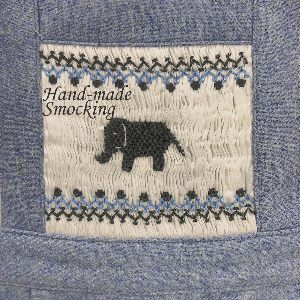 Toddler Boy Wool Suspender Shorts Set White Cotton Long Sleeve Bubble Blue Handmade Smocked Elephant Christening Eid Clothes