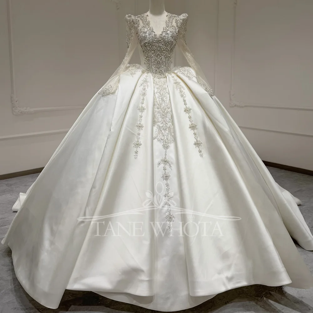 Anpassbares Prinzessin-Hochzeitskleid mit V-Ausschnitt, langen Ärmeln, Schnürung, Schlüsselloch-Rücken, Ballkleid mit perlenbesetzter Kristallstickerei