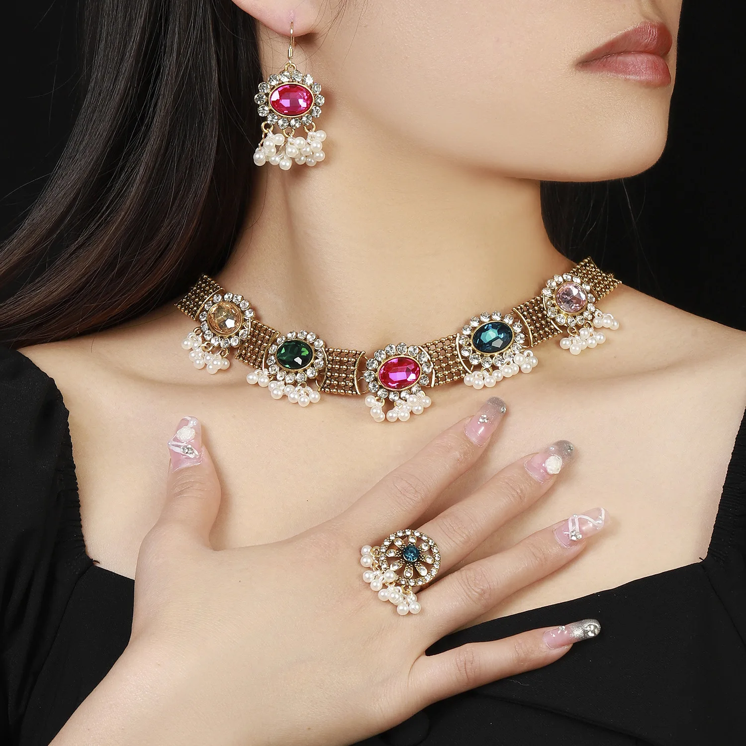 Central and Southeast Asia African Jewelry Set Tassel Gem Necklace Earrings Ring Combination Export Spot Necklace