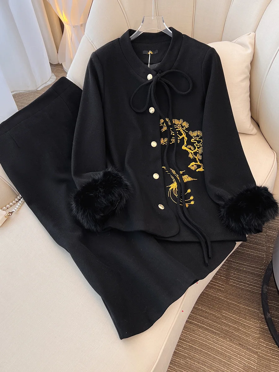 150Kg Plus Size Women's Bust 155 Autumn Winter Loose Cotton Padded Chinese Style Jacket Skirt Set Black 5XL 6XL 7XL 8XL 9XL