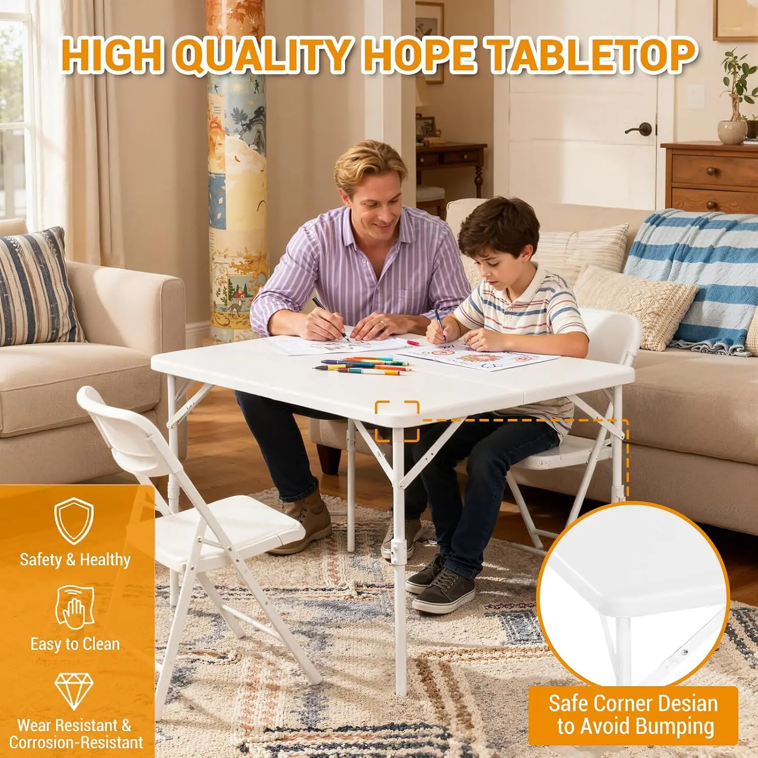 34" Square Folding Table, Multi-Functional Portable Foldable Card Table with Carrying Handle for Indoor Outdoor Camping Picnic Office Party Use Plastic Tabletop with Metal Frame White