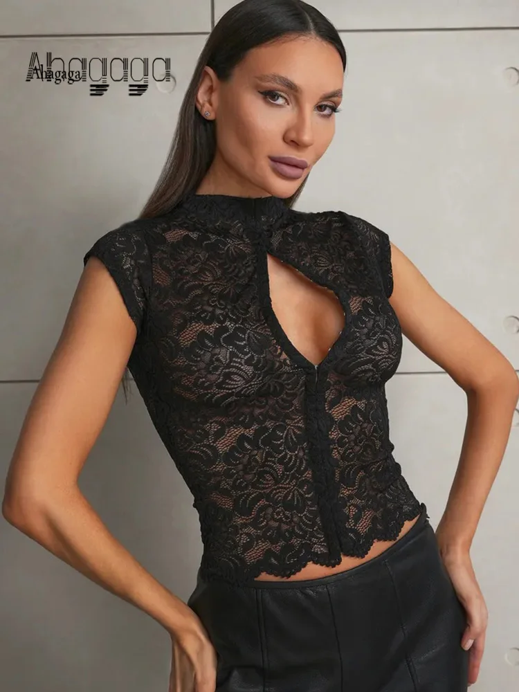 

Ahagaga Summer Chic Lace Patchwork Tops Tees Sexy Sleeveless High Neck Hollow Out Slim Regular Elegant Club T-Shirt for Ladies