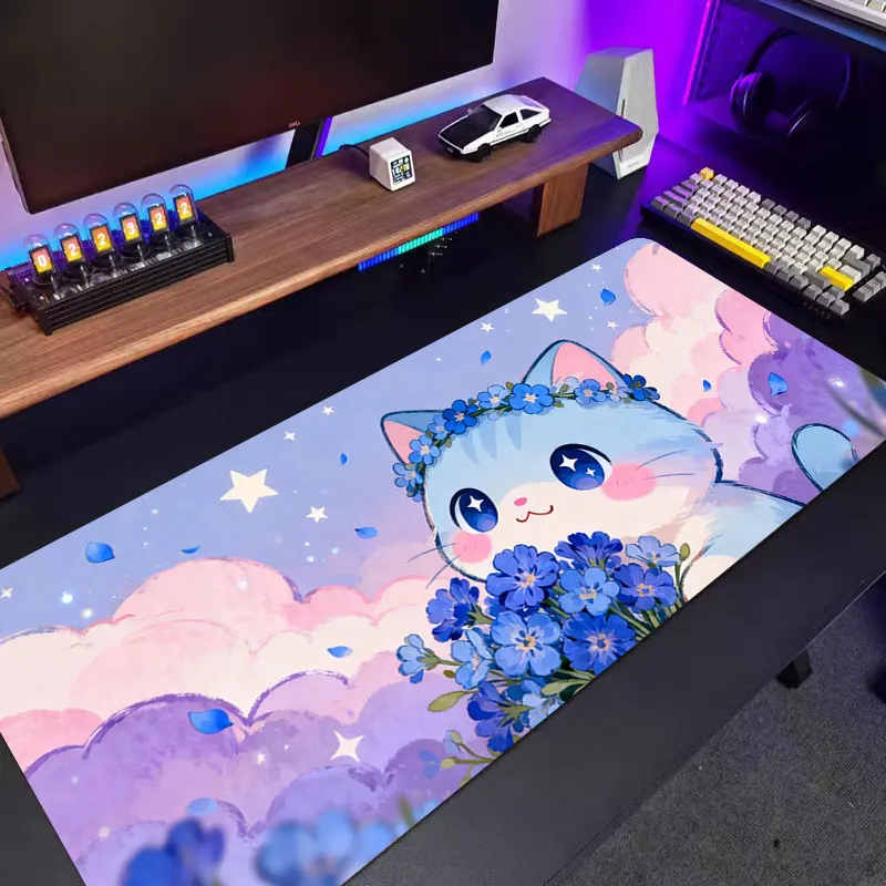 1pc Pink-purple Cloud Cat Mouse Pad Retro Cute Anime Gaming Desk Mat XXL Non-slip Rubber Base Washable PC Pads for Game & Office