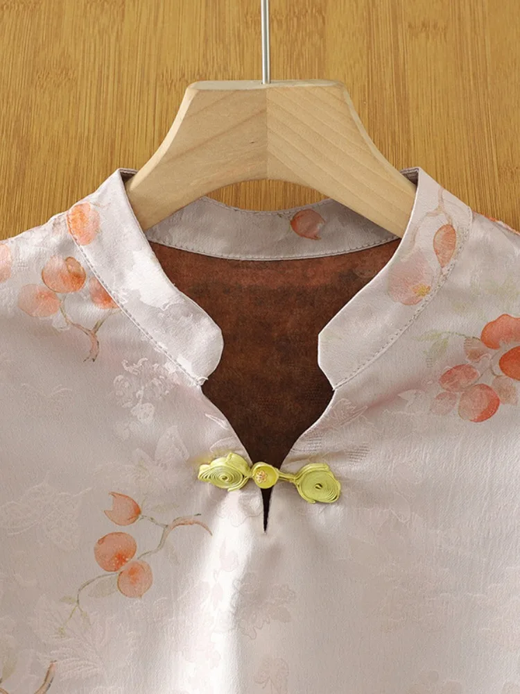 New Chinese Style Silk Shirt Women Summer National Style Improved  Short Sleeve Stand Collar Embroidered Blouse