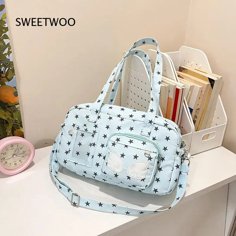 Cute Star Print Multi Pocket Shoulder Bag For Women Light Blue Nylon Angel Wing Embroidery Decor Student Crossbody Handbag