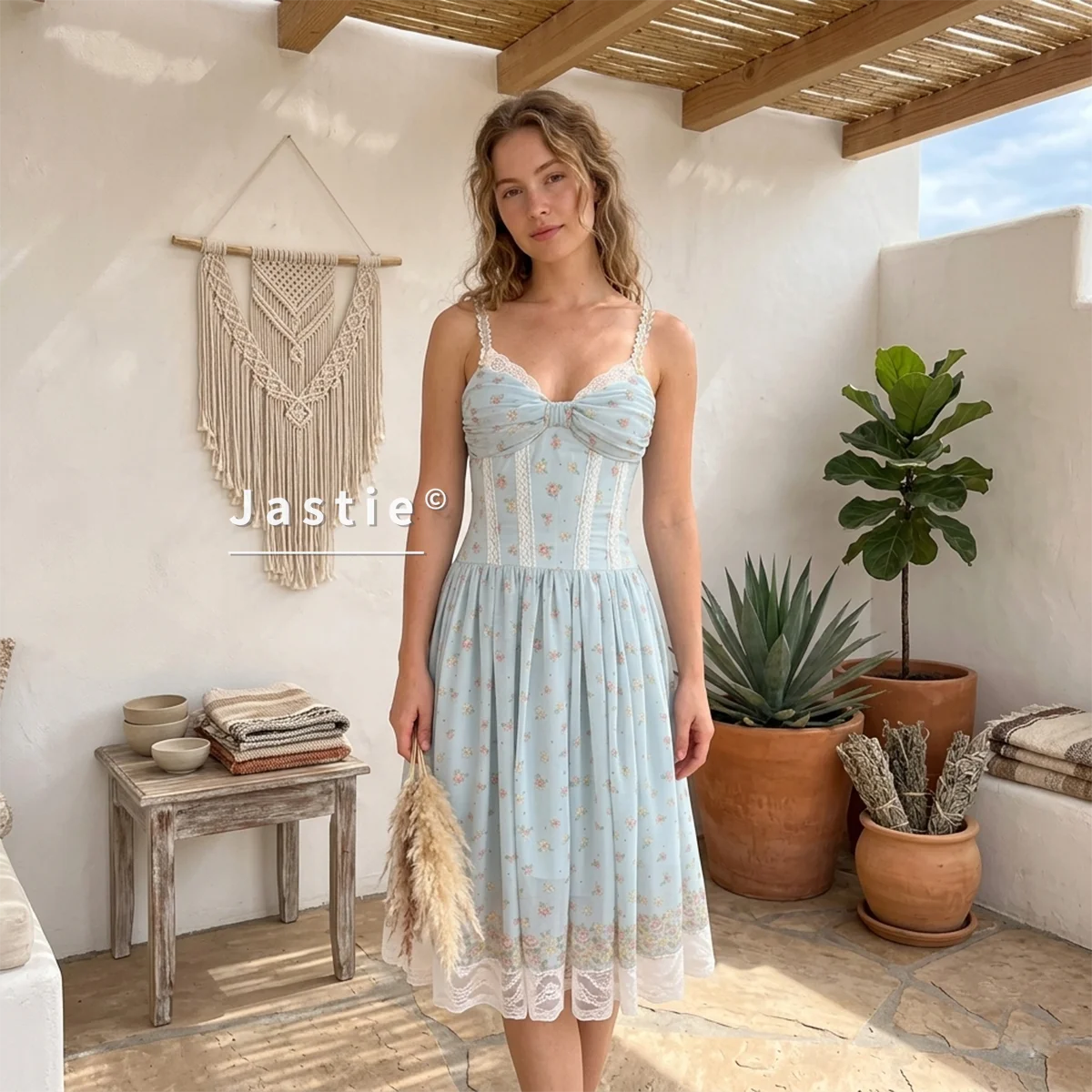 Floral Cottagecore Lace Slip Dress Women Retro Fairy Core Spaghetti Strap V Neck Backless Chiffon Mini Dresses Summer Beach Robe