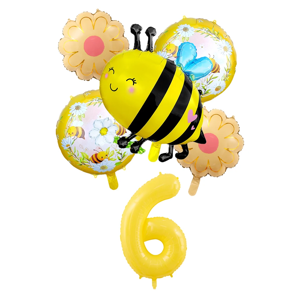 6 Pcs Bee Daisy 32 Inch Number Foil Balloon Set Kids 0-9 Years Old Birthday Anniversary Graduation Teathe's Day Party Decoration