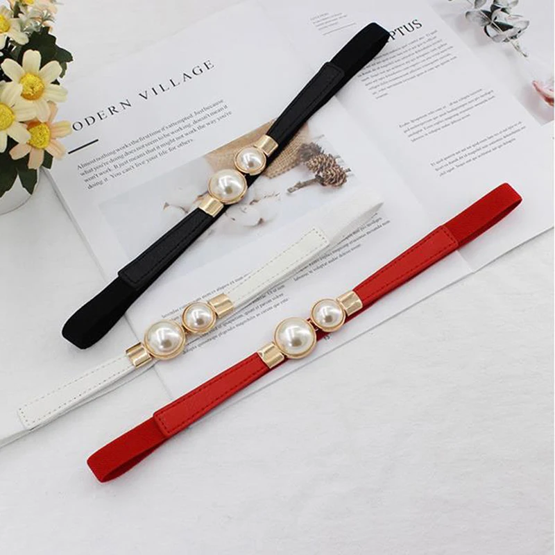 1 Pc Temperament Retro Pearl Pair Buckle Thin Belt Ladies Dress Elastic Elastic Waist Belt Hook Narrow Waist Seal Accessories