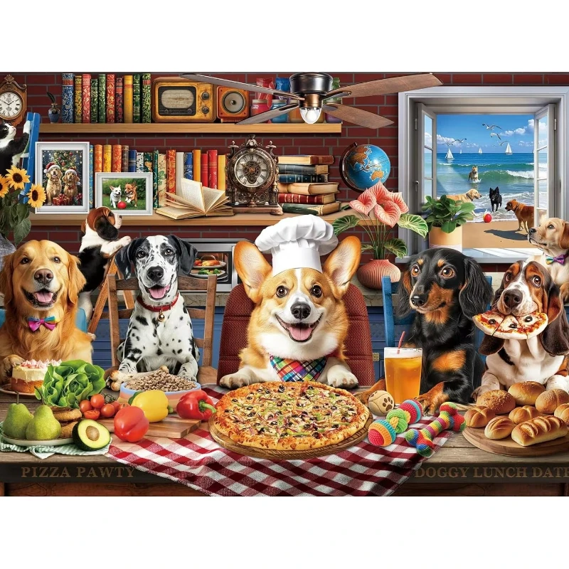 

Dog Pizza Party Jigsaw Puzzle 500/1000/1200/2000Pieces Fun Cartoon Puzzle for Family Bonding Ideal Birthday Present Pet Lovers