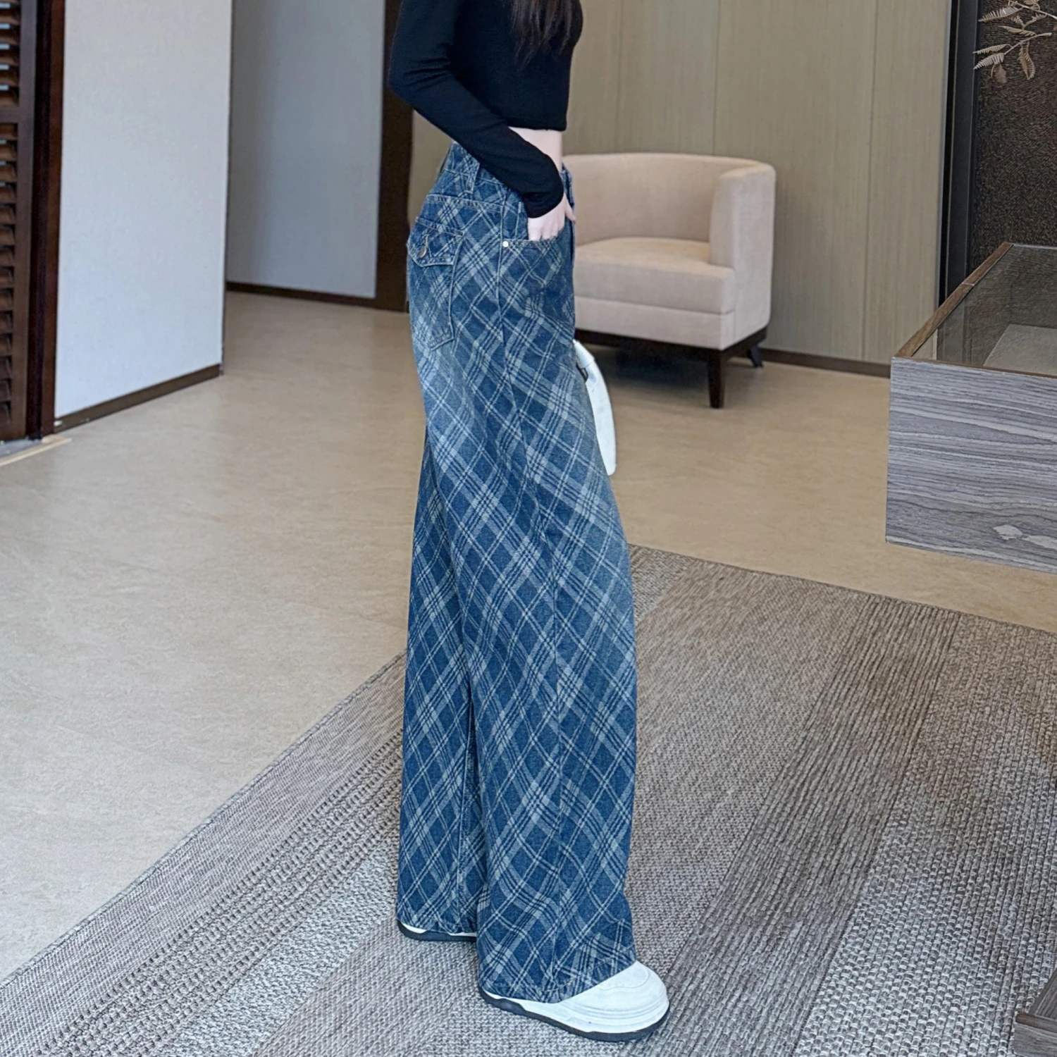 Women's Petite Grid Pattern Denim Wide Leg Pants, Popular Narrow Version Casual Trousers, Versatile Daily Bottoms
