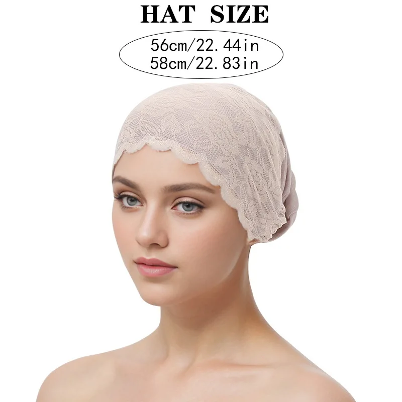 Women's Solid Color Lace Headscarf Cap, Muslim Hair Protection Undercap Suitable for Home Hair Care and Daily Casual Wear