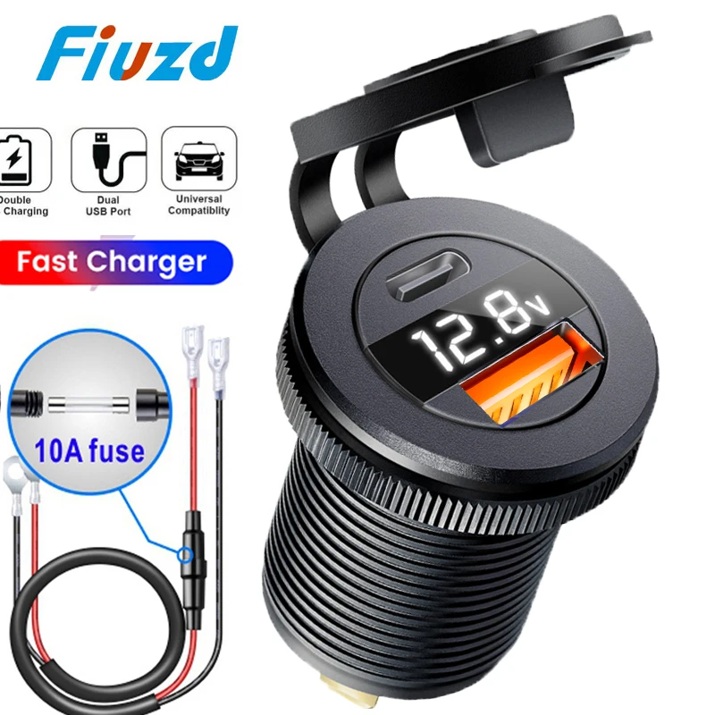 

Car Socket Quick Charger Aluminum QC3.0 Dual USB Car Charger with LED Voltage Display for 12V/24V Cars Boats Motorcycle