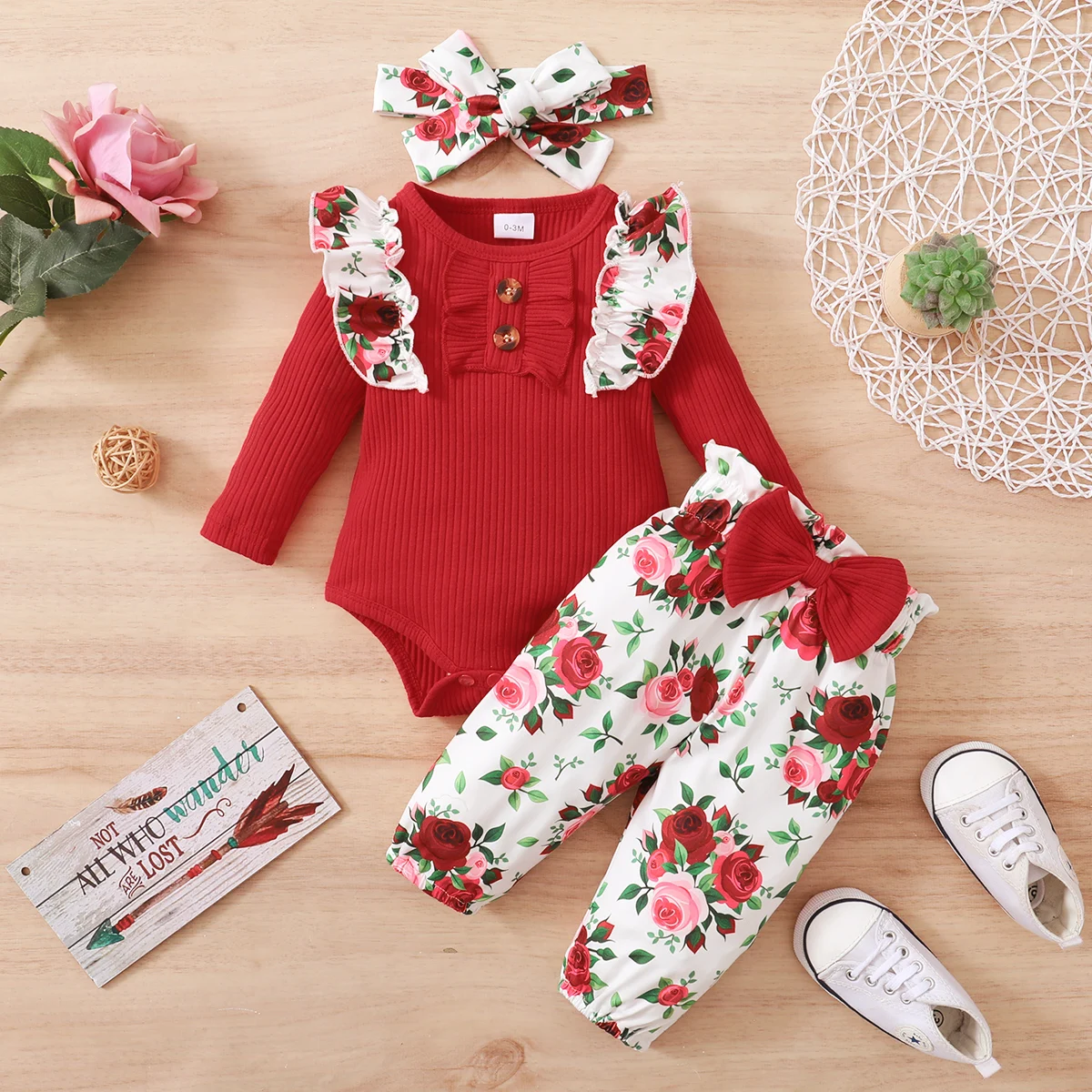 

PatPat 3pcs Baby Red Ribbed Long-sleeve Ruffle Romper and Rose Floral Print Bowknot Trousers Set