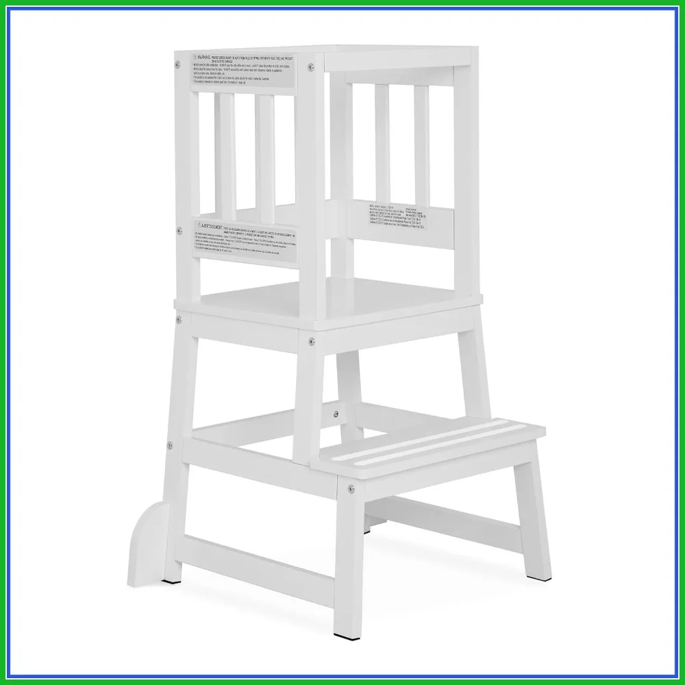 

2-in-1 Toddler Tower & Step Stool with Safety Rails, Non-Slip Pads, and Stabilizer Fins for Safe Counter Activities - White