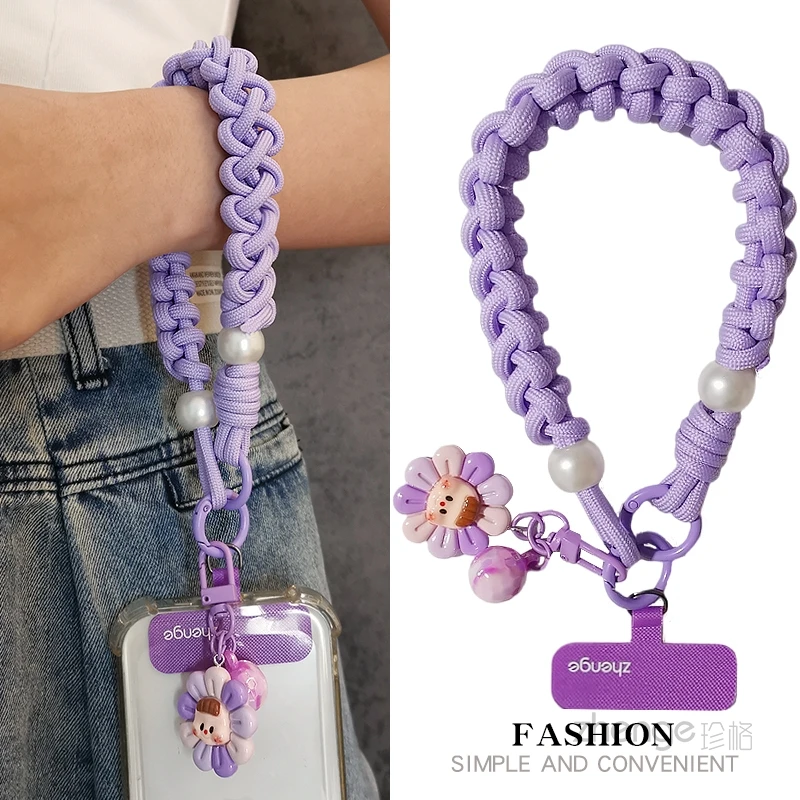 

Перекрестный плетеный ремешок на запястье с подвеской в виде подсолнуха для наружного использования, короткий ремешок для телефона с защитой от потери